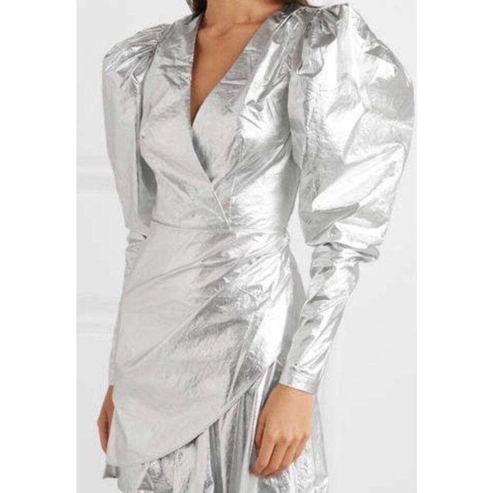 NWT ROTATE BIRGER CHRISTENSEN Metallic Silver Puff Sleeve Party Mini Dress 4